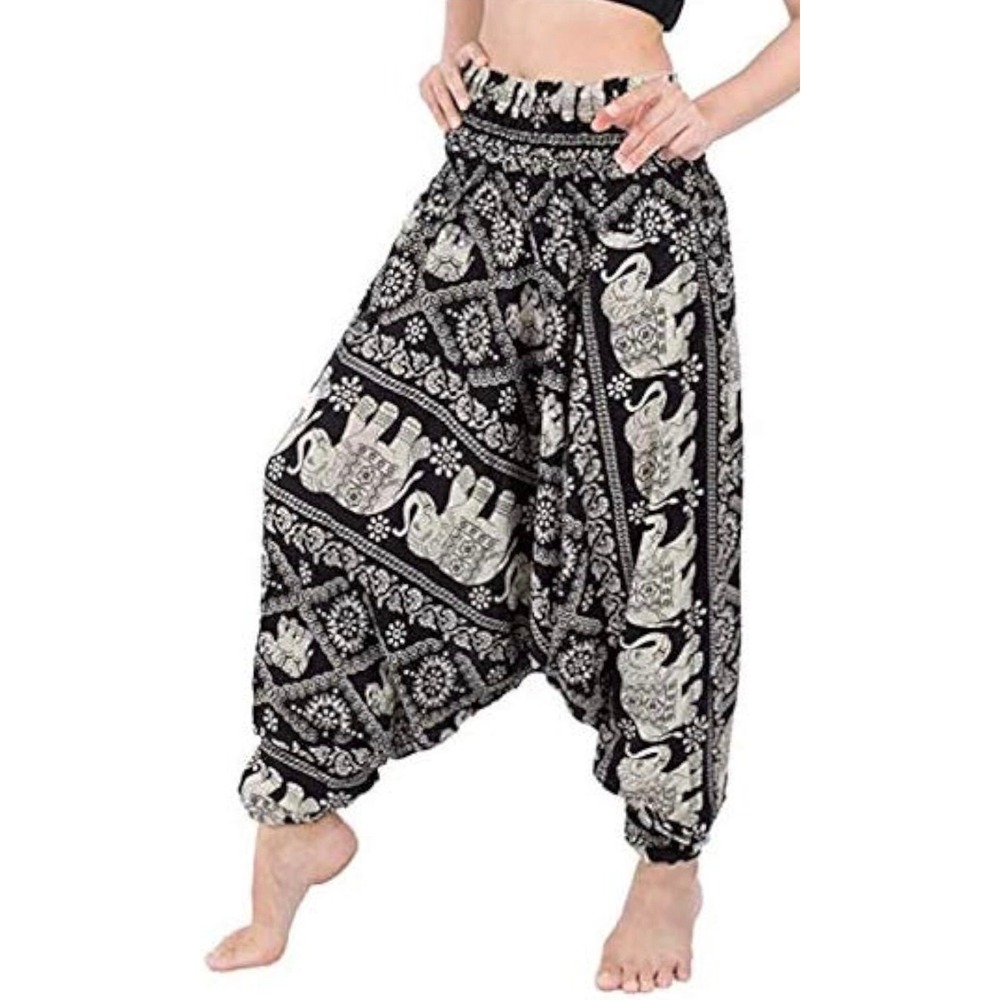 Banjamath Womens Elephant Print Harem Pants Smocked Waist Boho Joggers Black M